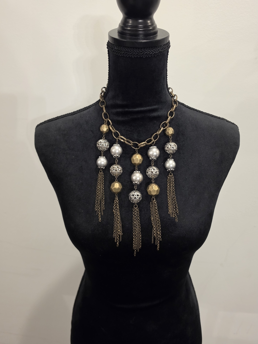 Statement Gold and Silver Bead Tassel Necklace